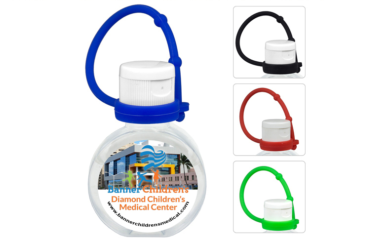1 oz Compact Hand Sanitizer Antibacterial Gel in Round Flip-Top Squeeze Bottle with Colorful Silicone Leash 1 oz Compact Hand Sanitizer Antibacterial Gel in Round Flip-Top Squeeze Bottle with Colorful Silicone Leash